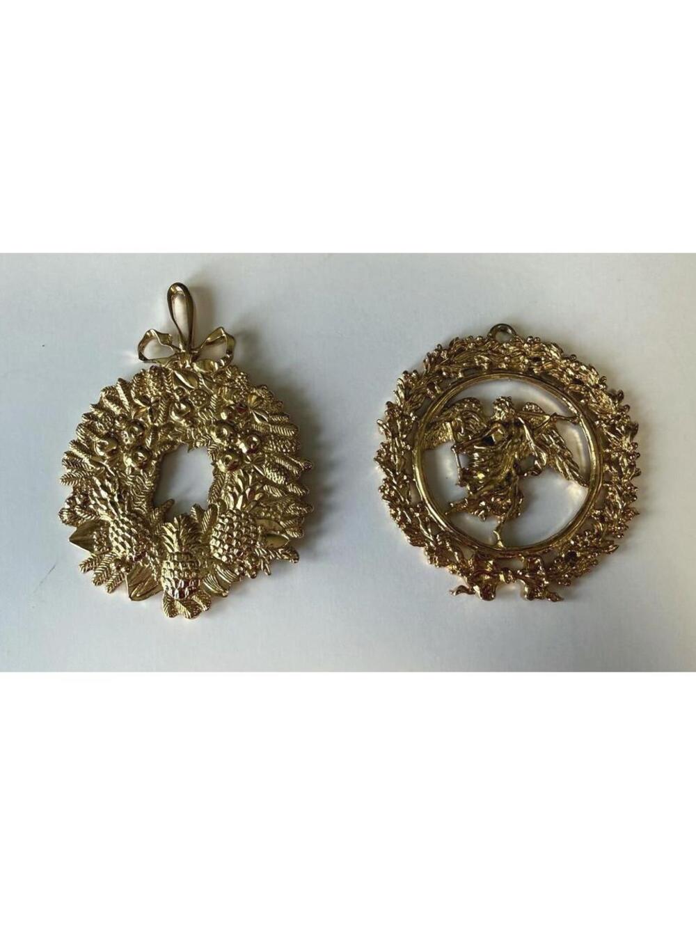 Vintage Kirk Stieff Pewter Christmas Ornament Lot 2 Wreath Gold Tone 1980